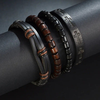 Multi-Layer Men's Leather Bracelet with Beaded Weave