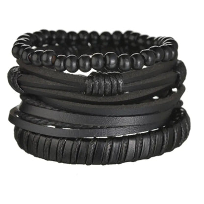 Multi-Layer Men's Leather Bracelet with Beaded Weave