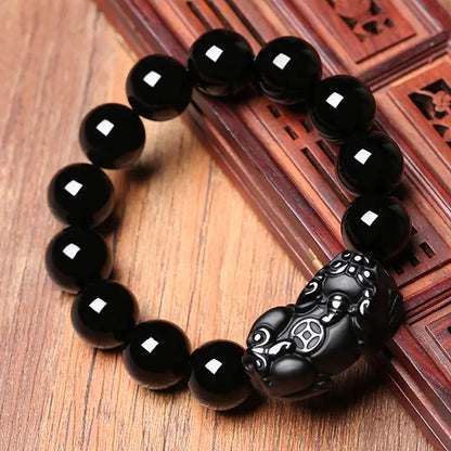 Natural Black Obsidian Bracelet with Pixiu Charm (Couple)