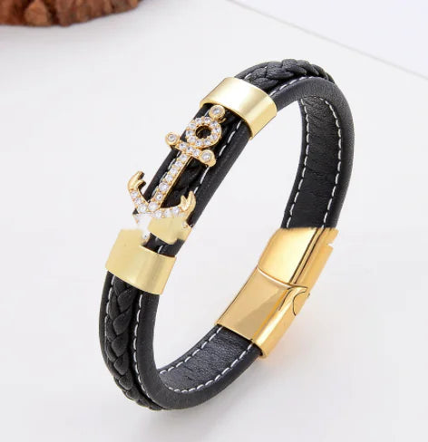 Simple Leisure Metal Leather Rope Woven Bracelet