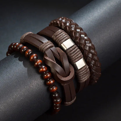 Multi-Layer Men's Leather Bracelet with Beaded Weave