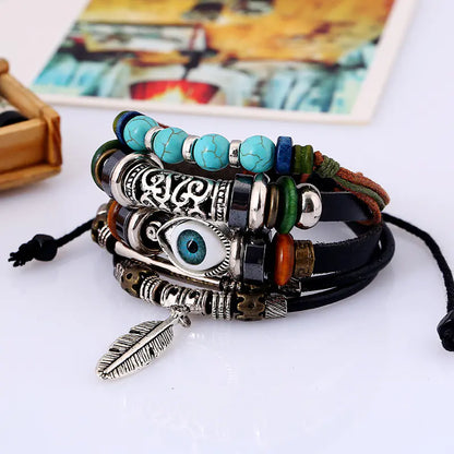 Ethnic Style Alloy Feather Pendant Leather Bracelet