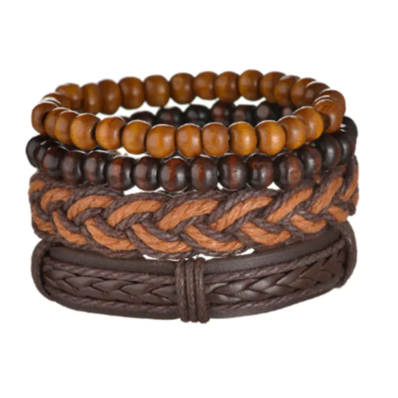 Multi-Layer Men's Leather Bracelet with Beaded Weave