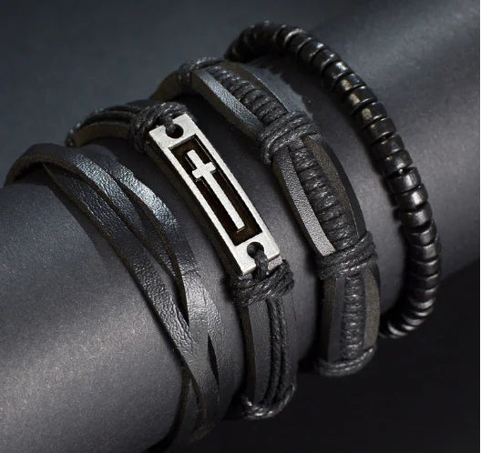 Multi-Layer Men's Leather Bracelet with Beaded Weave