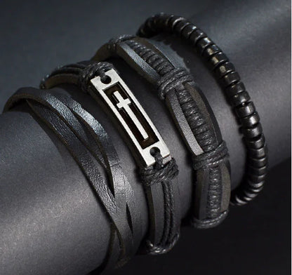 Multi-Layer Men's Leather Bracelet with Beaded Weave