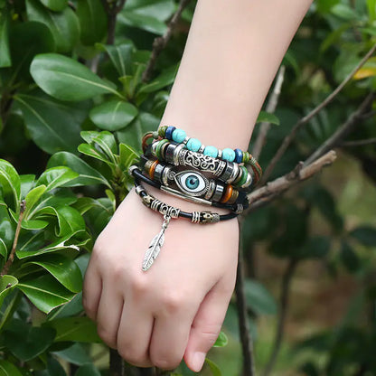 Ethnic Style Alloy Feather Pendant Leather Bracelet