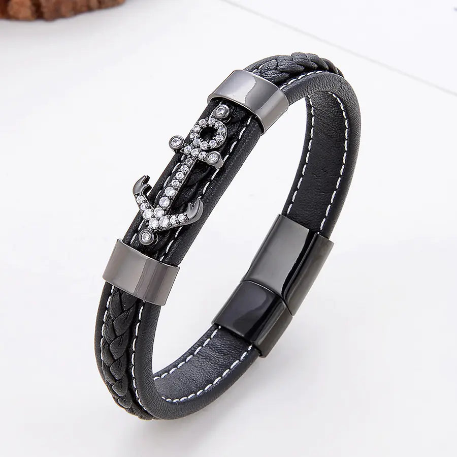 Simple Leisure Metal Leather Rope Woven Bracelet