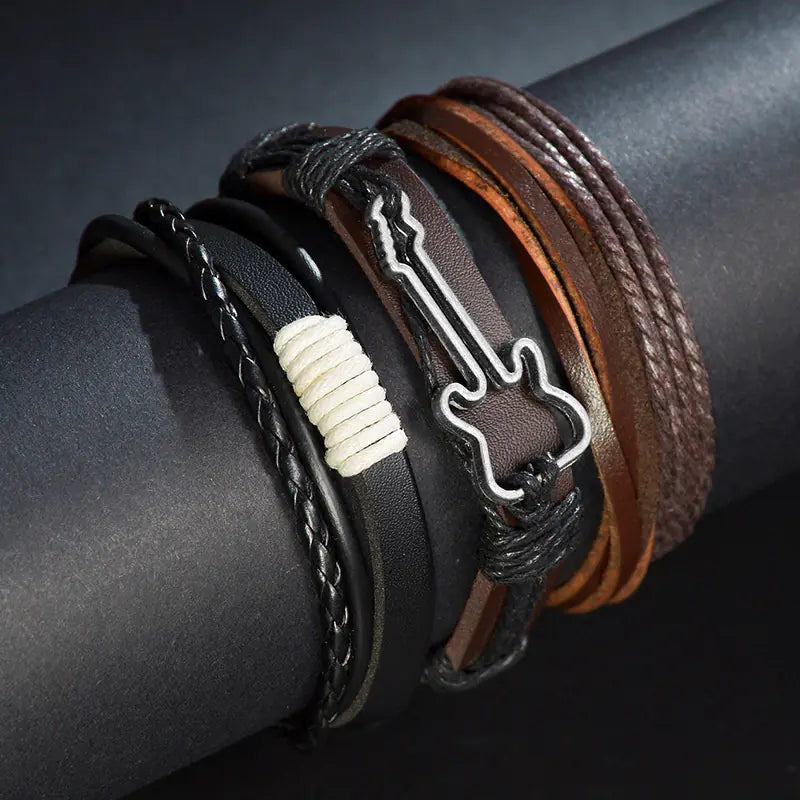 Multi-Layer Men's Leather Bracelet with Beaded Weave