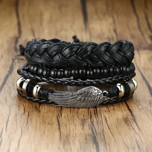Retro Men's Multi-layer Woven Feather Bracelet Set