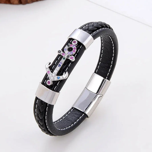 Simple Leisure Metal Leather Rope Woven Bracelet
