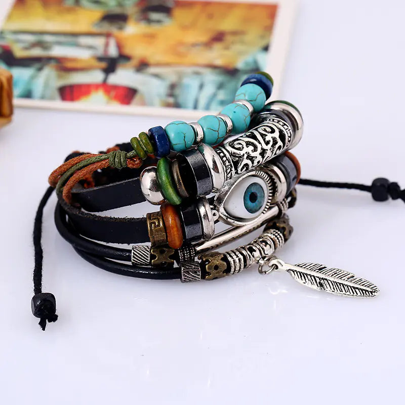 Ethnic Style Alloy Feather Pendant Leather Bracelet