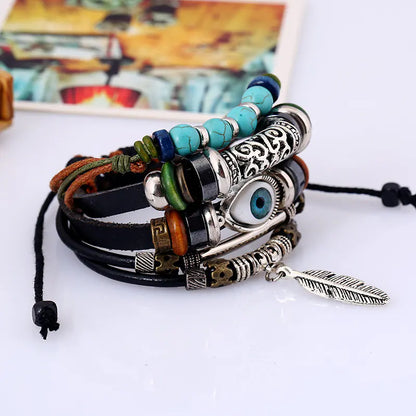 Ethnic Style Alloy Feather Pendant Leather Bracelet