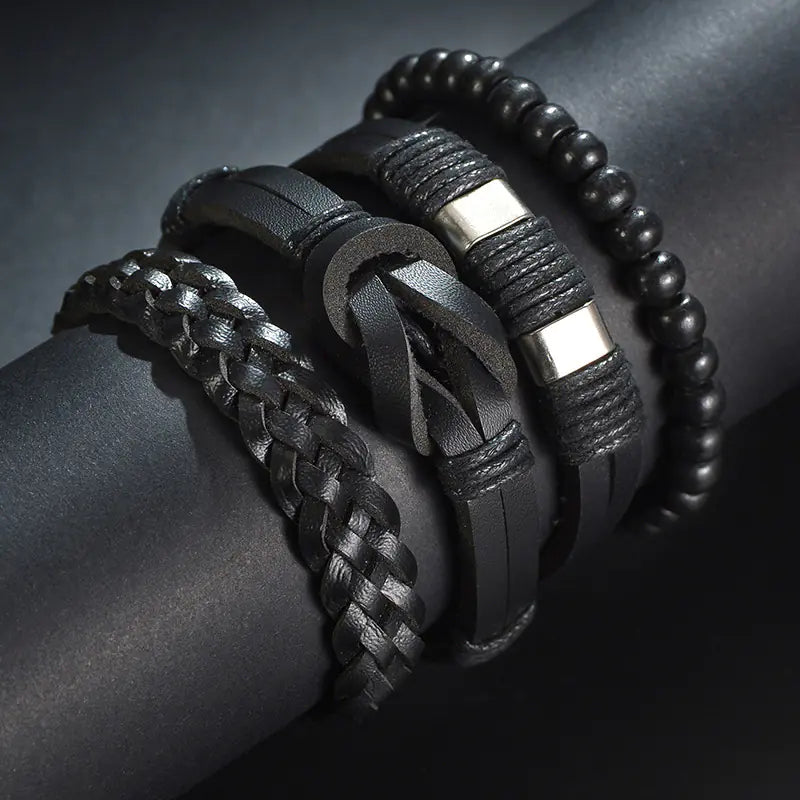 Multi-Layer Men's Leather Bracelet with Beaded Weave