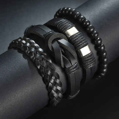 Multi-Layer Men's Leather Bracelet with Beaded Weave