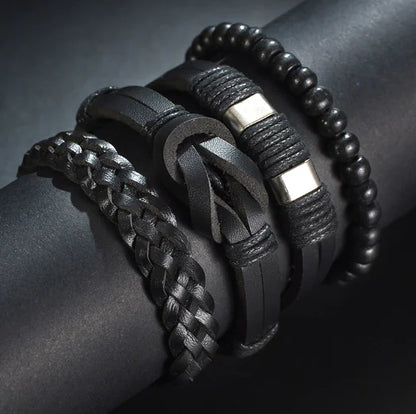 Multi-Layer Men's Leather Bracelet with Beaded Weave