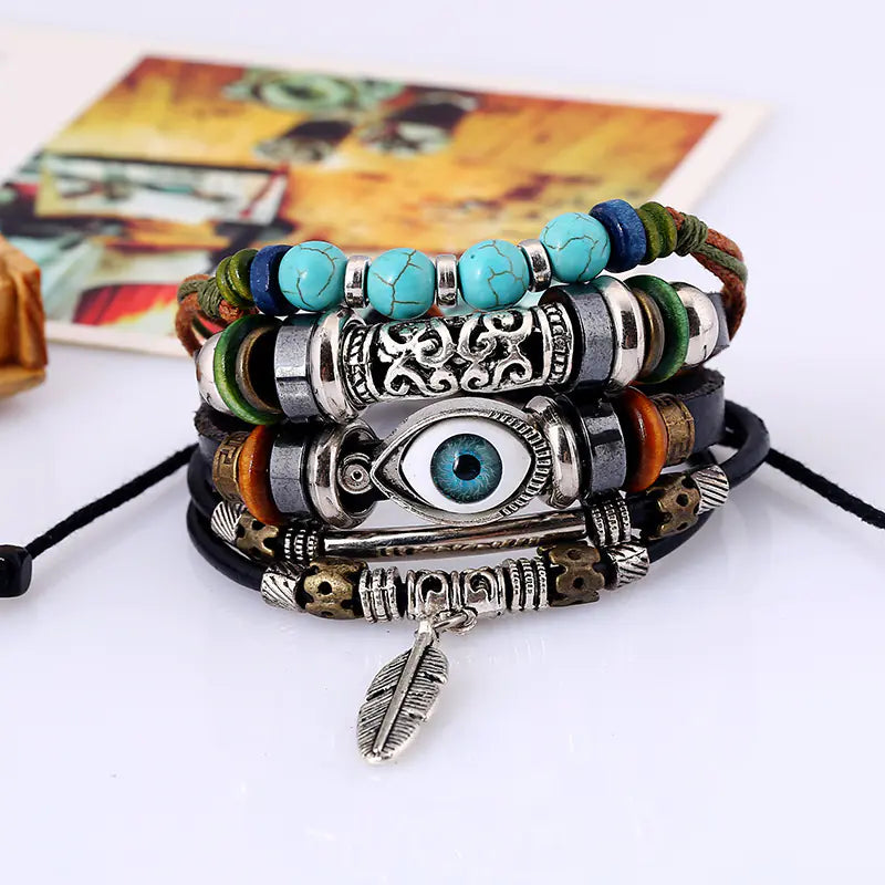 Ethnic Style Alloy Feather Pendant Leather Bracelet