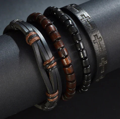 Multi-Layer Men's Leather Bracelet with Beaded Weave