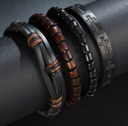 Multi-Layer Men's Leather Bracelet with Beaded Weave
