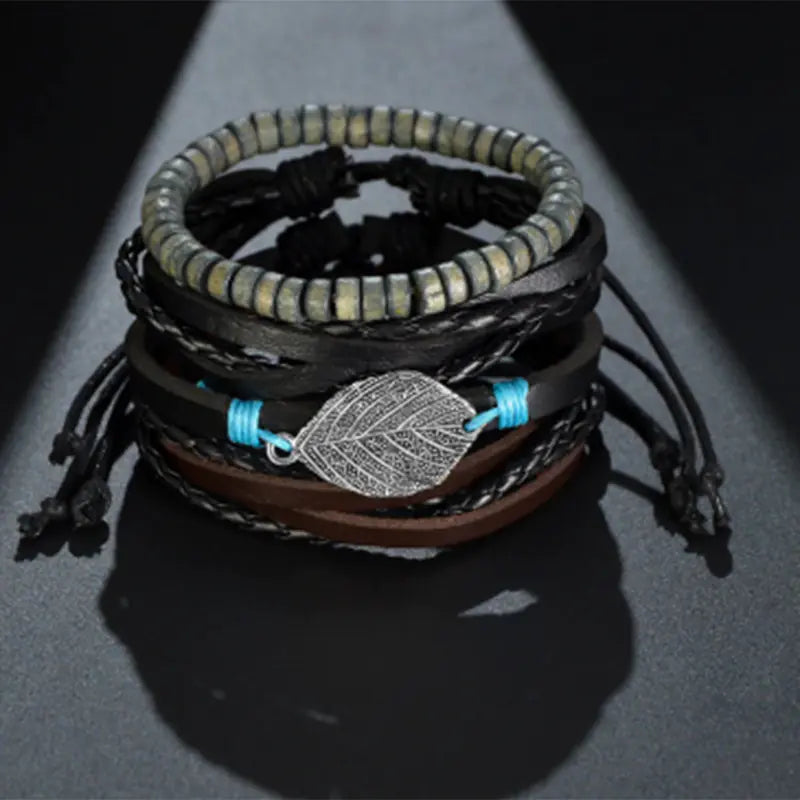 Multi-Layer Men's Leather Bracelet with Beaded Weave