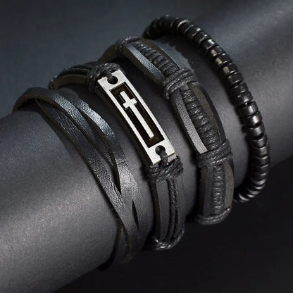 Multi-Layer Men's Leather Bracelet with Beaded Weave