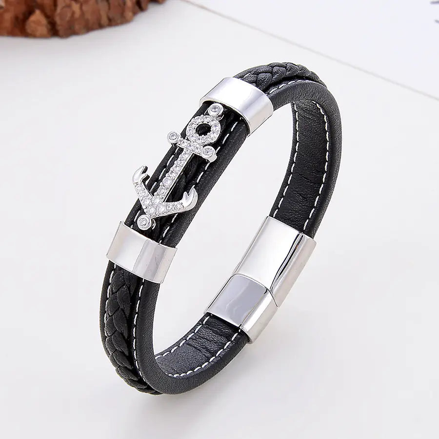 Simple Leisure Metal Leather Rope Woven Bracelet
