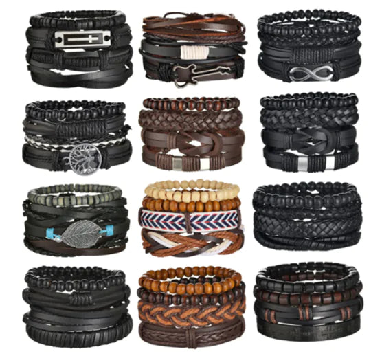 Multi-Layer Men's Leather Bracelet with Beaded Weave