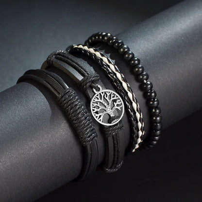 Multi-Layer Men's Leather Bracelet with Beaded Weave
