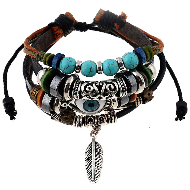 Ethnic Style Alloy Feather Pendant Leather Bracelet