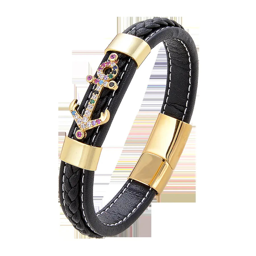 Simple Leisure Metal Leather Rope Woven Bracelet